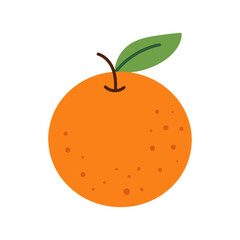 A cartoon orange with a green leaf on top. The orange is round and has a stem