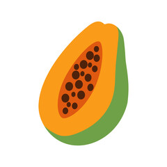 A cartoon drawing of a peeled orange with a green stem. The orange is sliced open and the seeds are visible