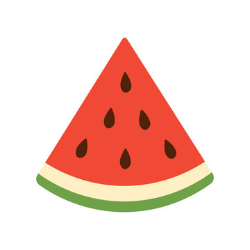 A watermelon slice with green and red stripes. The slice is cut in half and has a few drops of water on it