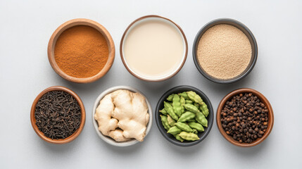 Aromatic spices and ingredients for chai tea preparation, including ginger and cardamom