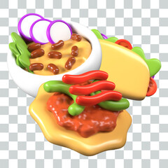 Set of mouth watering Mexican dishes in bright realistic style. Plate with soup, tacos, tostadas