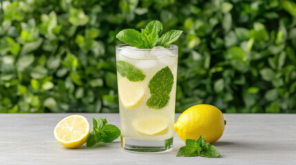 Fototapeta premium Refreshing lemon drink with mint leaves and ice, perfect for summer enjoyment