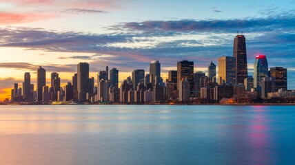 Fototapeta premium Dramatic skyline view of Chicago. Stunning cityscape with tall buildings. Reflective water with sunset adding glow. Scenic Chicago!