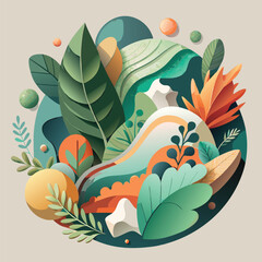 Serene Nature-Inspired 3D Vector Artwork with Organic Shapes and Botanical Illustrations