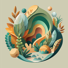 Serene Nature-Inspired 3D Vector Artwork with Organic Shapes and Botanical Illustrations