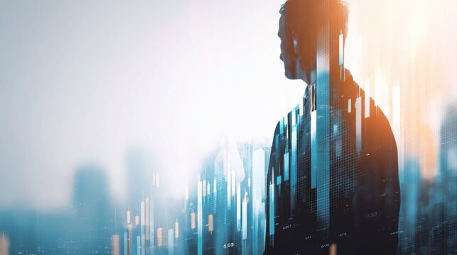 Businessman Overseeing Digital Finance Dashboard at Dusk