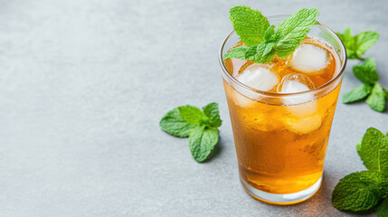 Refreshing iced tea garnished with mint leaves, perfect for hot day