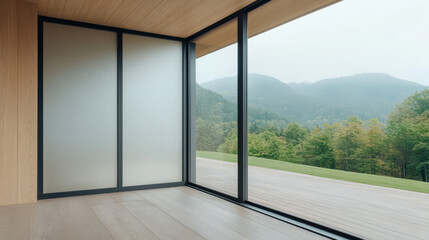 Modern interior with frosted glass and scenic mountain view