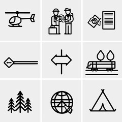 Collection of Travel and Transportation Icons in Black and White