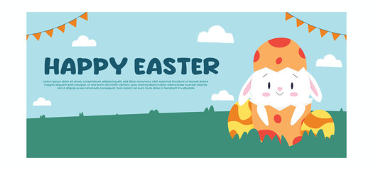 Adorable bunny Easter greeting card template with bright background spring landscape and party flags