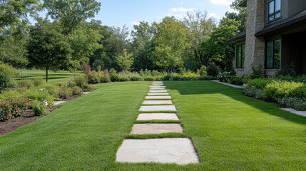 Fototapeta premium Lush garden path with stepping stones leading through vibrant greenery and summer shadows