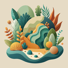 Serene Nature-Inspired 3D Vector Artwork with Organic Shapes and Botanical Illustrations