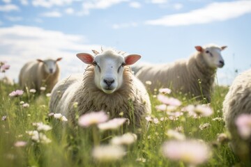 Fototapeta premium flock of sheep resting and grazing on a rolling meadow with wildflowers in the foreground