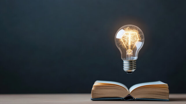 open book with glowing light bulb above it symbolizes creativity and knowledge