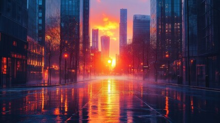 Obraz premium City Street Scene Illuminated At Sunset Reflecting In Wet Pavement