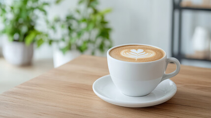 Obraz premium beautifully crafted espresso macchiato white cup, showcasing latte art, sits wooden table