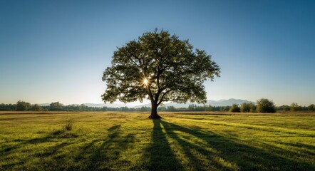Fototapeta premium Solitary Tree in Grassy Field at Sunrise Casting Long Shadows