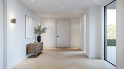 modern hallway featuring soft wall lights, herringbone flooring, and minimalist design