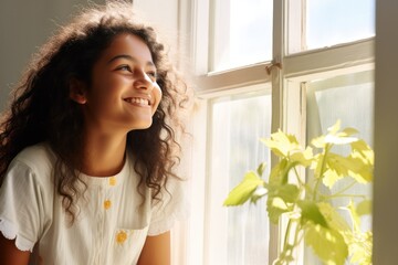 Smiling Indian girl standing near a window in a home environment wearing a trendy outfit with natural sunlight illuminating her face