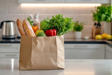 Brown paper grocery bag with fresh produce and baguette on kitchen counter