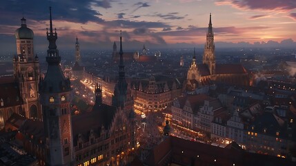 Naklejka premium Breathtaking Aerial View of Historic City Center at Dusk with Vibrant Sky and Twinkling Lights