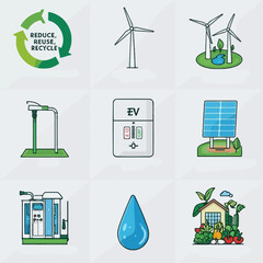 Green Energy Icons: Wind Turbines, Solar Panel, EV Charger, Recycling Symbol