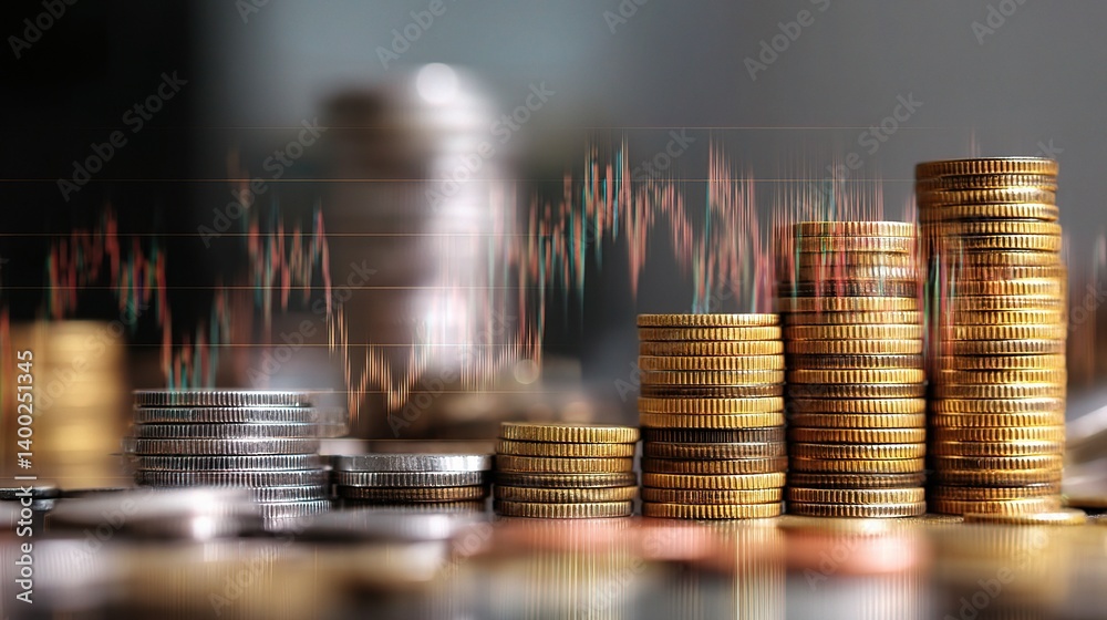 Poster double exposure of graph with rows of coins on abstract background