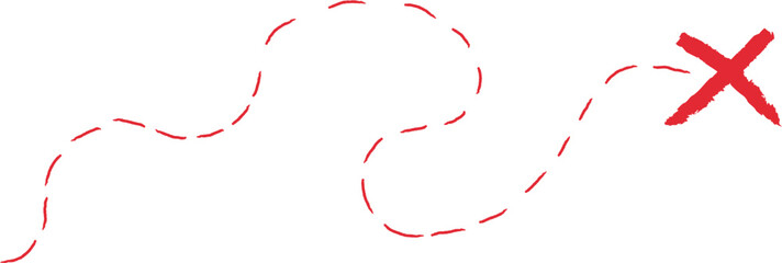 Treasure map element. A dashed line and red X mark ink on the map, the treasure map with a dotted line, X marks the spot, dashed line to an X, red ink