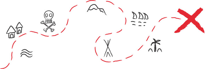 Treasure map element. A dashed line and red X mark ink on the map, the treasure map with a dotted line, X marks the spot, dashed line to an X, red ink