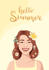 A beautiful young woman is laughing. Flowers in her hair. Summer mood. Vector illustration.
