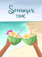 Summer time. Poster with coconuts on a tropical beach. Vacation. Vector illustration.
