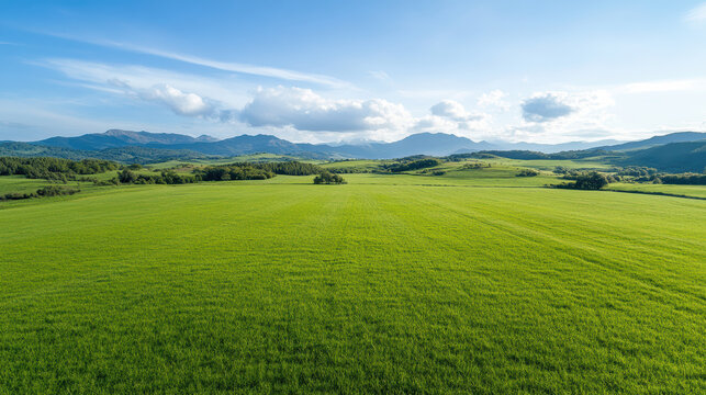Lush green landscape with rolling hills and distant mountains under clear blue sky