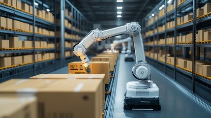 Automated warehouse with robotic arms handling boxes in distribution center