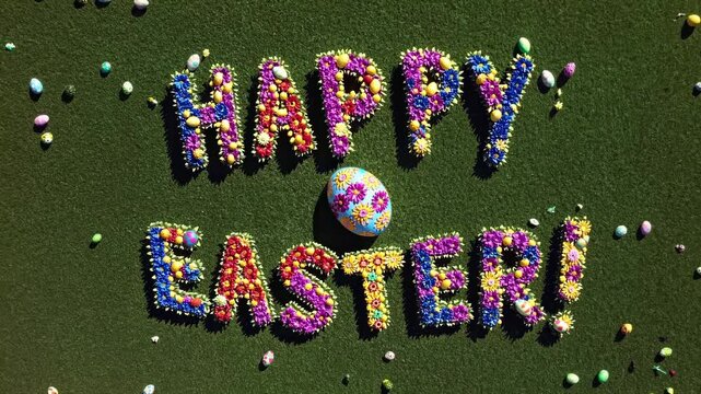Colorful Easter message on grass with scattered eggs, captured from a top-down angle. Ideal for a festive video greeting or celebration.