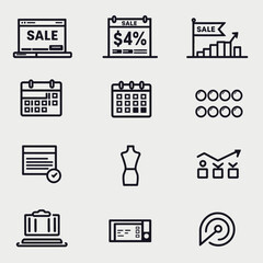 Sale & Business Icons: Financial Growth, Online Shopping, Schedule, Discount, Approval, Focus