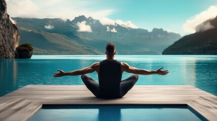Naklejka premium A man sits on a dock, arms open wide, enjoying the serene atmosphere around him.