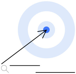 Arrow aiming for blue target center with concentric circles and magnifier emphasizing accuracy. Ideal for strategy, focus, success, goal-setting, decision-making, precision, career growth. Flat