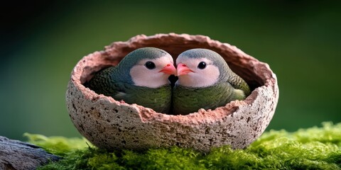 Fototapeta premium Two birds resting together in a cozy nest, sharing a peaceful moment.