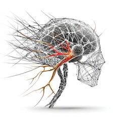 3D Wireframe Brain and Skull with Nerve Highlight. Neurology Concept Isolated on White Background

