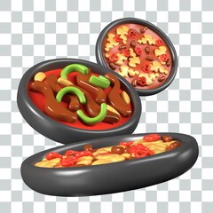Set of delicious Mexican casseroles. Traditional hot dish served in large black pan