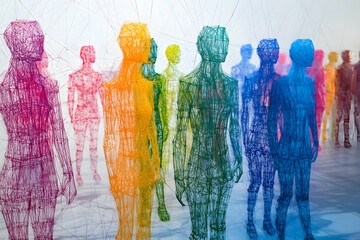 Colorful wireframe human figures in a white space
