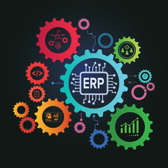 ERP System Integration Icon with Colorful Gears – Business Process Automation and Data Management Concept with black background