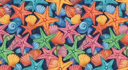 Fototapeta premium Vibrant Watercolor Seashells and Starfish: A Joyful Ocean Dreamscape AI Generated