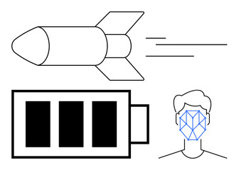 Rocket flying forward, charged battery symbol, facial recognition grid on human face. Ideal for technology, innovation, AI, energy, identity verification progress aerospace. Flat simple metaphor