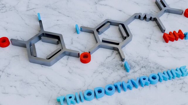 Triiodothyronine or T3 Molecule, Chemical formula structure, Thyroid hormone, C15H12I3NO4 Ball and stick, liothyronine, 3d render