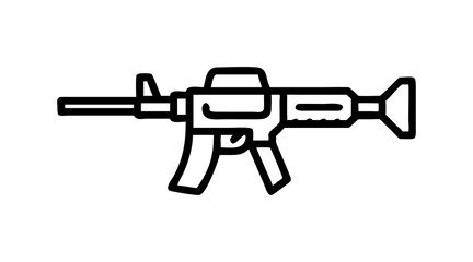 Black and White Minimalist Machine Gun Icon in Line Art for Weaponry and Tactical Representations