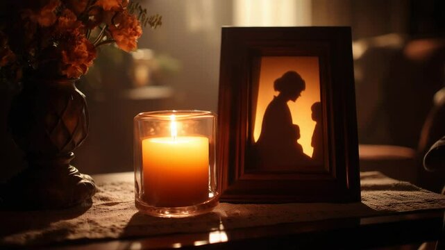 A warm candle illuminates a framed silhouette of a mother and child, surrounded by flowers, creating a cozy and sentimental atmosphere. 
