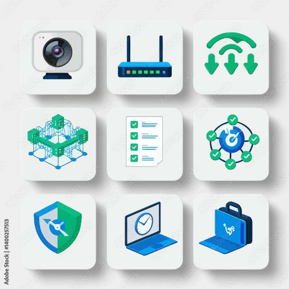 Poster set of icons representing technology, network, and data concepts