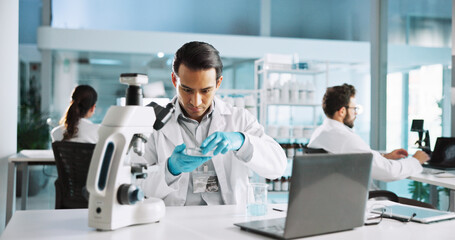 Petri dish, chemical and healthcare with man in laboratory for science sample, molecular reaction...