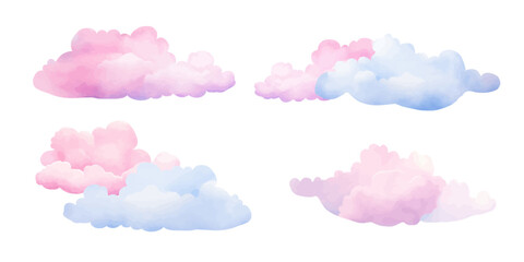 Set of watercolor clouds in pink and blue. Delicate children design for wallpaper, fabric, textile and wrapping. Dreamy and airy style for cards, childrens things and holidays
